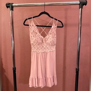 Pink Lace Mini Dress with Strappy Criss Cross Back | Francesca’s | small